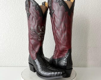 Vintage Womens Cowboy Boots Size 9 Maroon and Black - Tall Womens Cowboy Boots - Black Leather Cowgirl Boots Pointed Toe