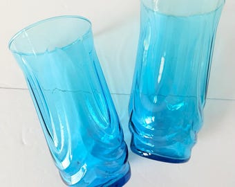 Vintage Blue Iced Tea Glasses - Set of 2 - 25 oz - Anchor Hocking Colonial Tulip Aqua Blue Flat Coolers