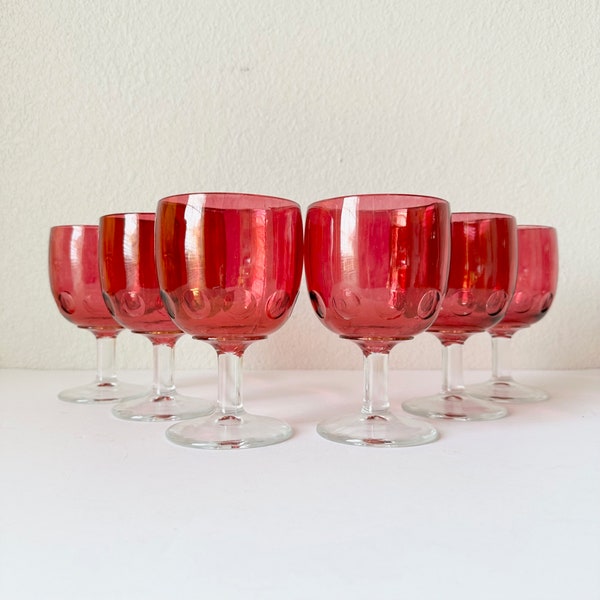 6 - Vintage Bartlett Collins Pink Schooners, Mid Century Modern Footed Colored Glassware, 70s Thumbprint Barware, MCM Pink Glassware Set