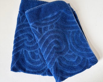 2 - Vintage Blue Jacquard Pattern Towels, Martex Jewel Toned Hand Towels, Mid Century Modern Style Colored Fluffy Terry Cloth Towels