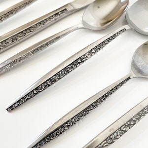 Sold Ind - Coventry BOUQUET Stainless Steel Flatware Set, Vintage Floral Silverware Set, Mid Century Modern MCM 60s 70s Flatware Fork Spoon