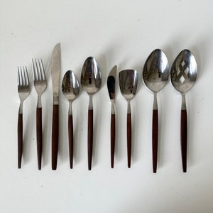 Your choice Epic EPS10 Canoe Muffin Flatware, Mid Century Modern Stainless Steel Brown Handle, Vintage MCM Japanese Silverware Set 70s Japan