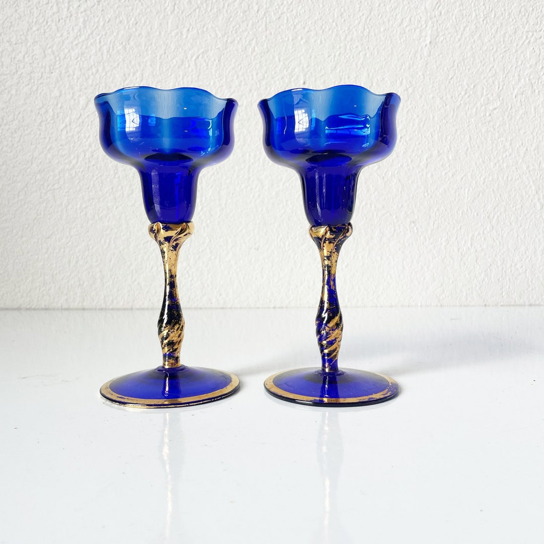 Vintage Blue Glass Candle Sticks Holders With Gold Accents Etsy