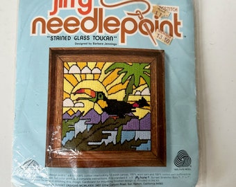 NEW Jiffy Needlepoint Kit 7 x 7 Crewel Kits Sealed STAINED GLASS Toucan - Vintage 80s Needlework Craft Kits - Nature Plants Flowers Animals