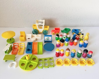 May include: A vintage set of colorful plastic Little People toys, including a yellow school bus, a green airplane, a blue swing set, a yellow and white carousel, a yellow and white house, a yellow and white car, a yellow and white umbrella, a yellow and white picnic table, a yellow and white bench, a yellow and white slide, a yellow and white sandbox, and a variety of people figures.