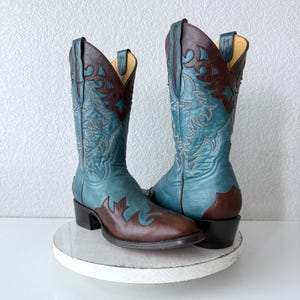 Vintage Rod Patrick Womens Cowboy Boots Size 10AA, Blue Cowboy Boots, Vintage Ladies Cowboy Boots, Brown Leather Western Cowgirl Boots