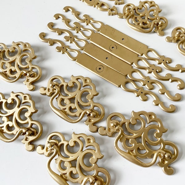 Sold Ind - Keeler Brass Chippendale Drawer Pulls, Mid Century Modern Dresser Hardware, 4" 5" Gold Drawer Pull, MCM Matte Brass Backplate