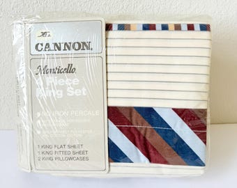 Vintage NEW King Size Bed Sheet Set - 4 pieces - Navy Blue Maroon Striped - 1990s King Bed Sheets