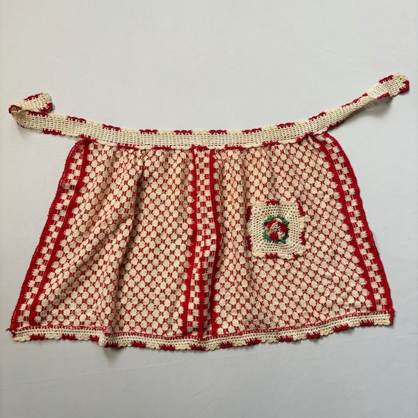 Vintage Red Hand Crocheted Apron - Vintage Half Apron - 1950s Short Apron - Hostess Apron - 29 in x 16 in - Hand Made Farmhouse Kitchen