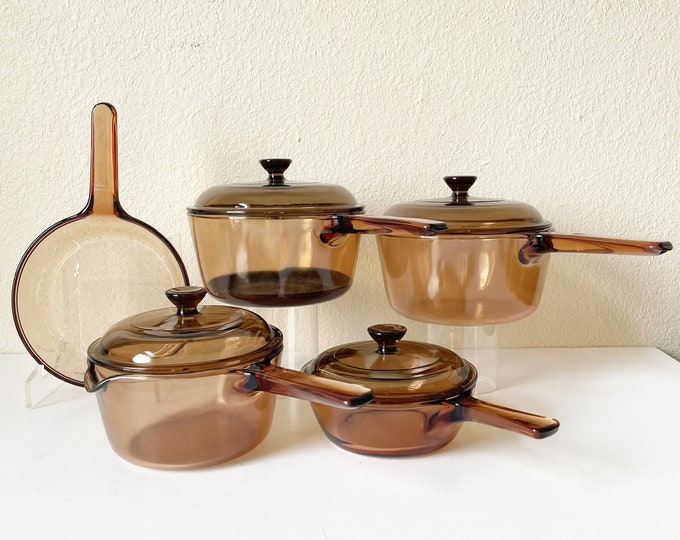 Set of 10 Corning Visions Cookware Set, Amber Brown Glass Bakeware Set W/ Lids, Vintage Pyrex