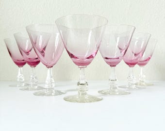 Verres à vin roses vintage - Lot de 7 - Gobelets Tiffin Franciscan roses à motif glycine, années 1950