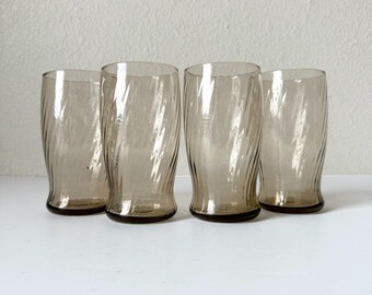 Set of 4 Vintage Brown Tumblers 12oz - Wheaton Symphony Brown Highball Glass - Brown Glassware Swirl Pattern - Mid Century Barware
