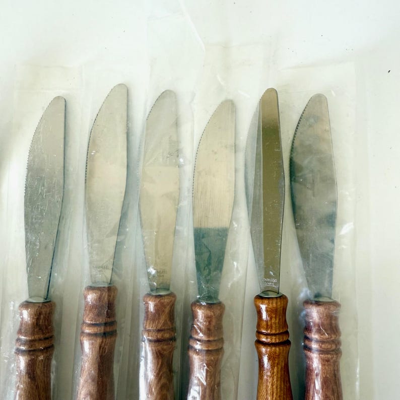 K&ouml;nnte beinhalten: Set mit sechs Buttermessern aus Edelstahl mit Holzgriffen. Die Klingen sind silberfarben und die Griffe sind mittelbraun. Die Messer sind in durchsichtigem Kunststoff verpackt.