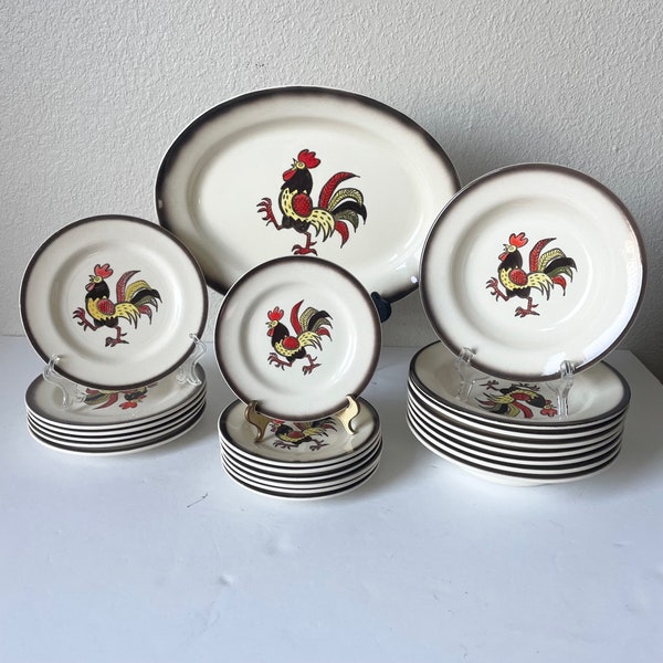 Vernon Ware by Metlox Red Rooster Dinnerware, Vintage Poppytrail Rooster Dishes, 1950's Retro dishes, MCM Farmhouse Poppytrail dish set