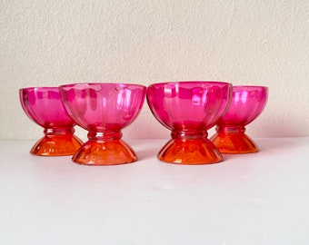 Set of 4 Libbey Pink and Orange Super Sunday Cups 18 oz, Vintage Libbey Glassware, Bright Pink Colored Ice Cream Bowls, 90s Pink Footed Bowl