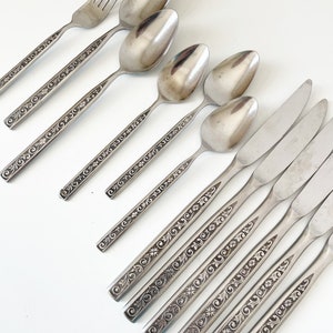 Sold Ind - Vintage Stanley Roberts EVENING LACE Stainless Steel Flatware, MCM Mid Century Modern Floral Scroll Pattern Silverware 70s 60s