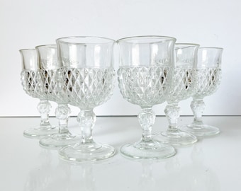 Vintage Clear Wine Glasses - Set of 6 - Diamond Point Indiana Glass Goblets - Mid Century Stemware