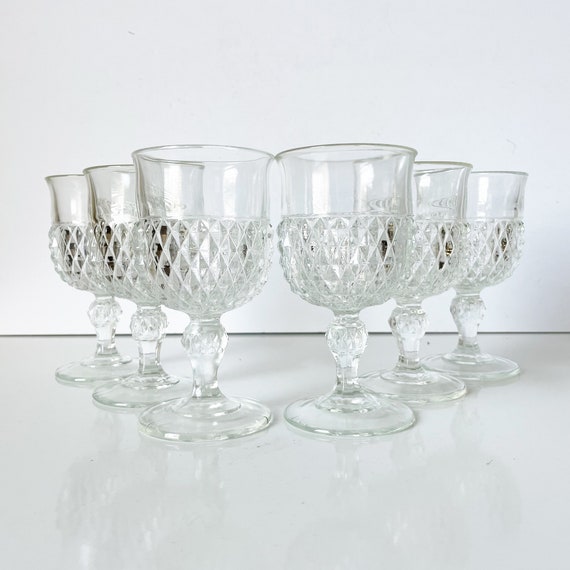 6 Indiana Glass Diamond Point Clear Wine Water Goblets Vintage