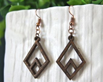 Double Diamond Wood Earrings, bohemian, laser cut, wood earrings, wood jewelry, diamond earrings