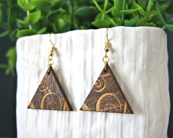 Swirl triangle earrings, wood earrings, triangle earrings, bohemian earrings, laser cut earrings, wood triangle earrings