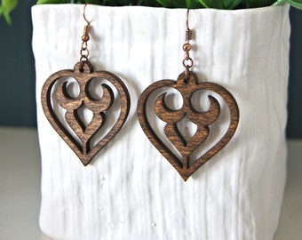 Filigree heart earrings, laser cut earrings, bohemian earrings, wood earrings, laser cut wood, wood jewelry, laser cut jewelry