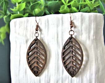 Linear leaf earrings, laser cut earrings, bohemian earrings, laser cut jewelry, wood leaf earrings