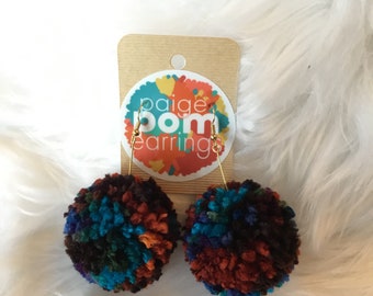 Blue Multi-Colored Pom Pom Earrings