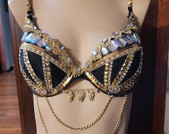 Handmade customizeable Black and gold rhinestone Rave Bra for festival