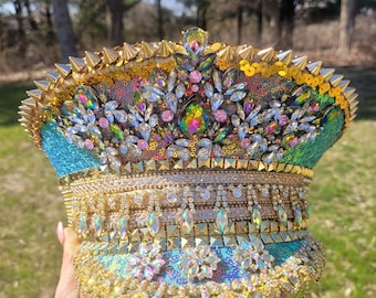 Iridescent and mermaid and gold captain hat, festival captain hat, rave outfit, rhinestone and sequin military sergeant hat