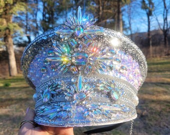 Iridescence festival Captain Hat handmade rhinestone military hat for rave
