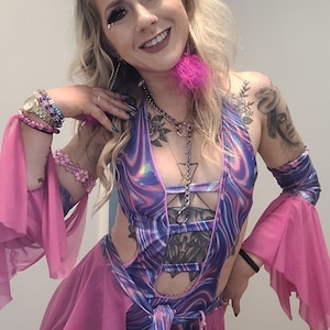 Cheshire Swirl handmade made to order festival rave set, iridescent bodysuit with sleeves and skirt, rave outfit ravewear, Festival fashion