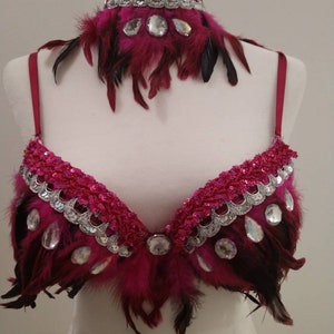 Pink and silver feathered rave bra and choker