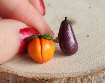 Peach And Eggplant Stud Earrings/ Emoji Earrings/ Funny Earrings/ Peach earrings/ Purple Eggplant Earrings/ Funny Gift/ Mismatched Earrings