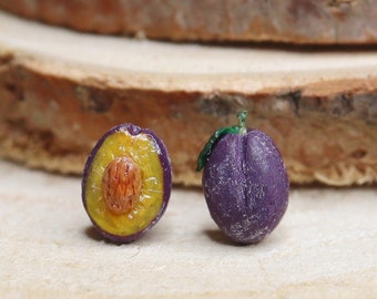 Plum Stud Earrings: Handmade Mismatched Miniature Clay Fruit Jewelry