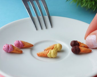 Handmade Miniature Ice Cream Stud Earrings: Polymer Clay Food Jewelry