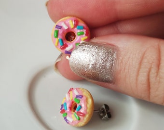 Pink Donut Stud Earrings/ Donut With Rainbow Sprinkles/ Cute Food Earrings/ Donut Jewelry/ Miniature Donut/ Donut Lover/ Donut gifts