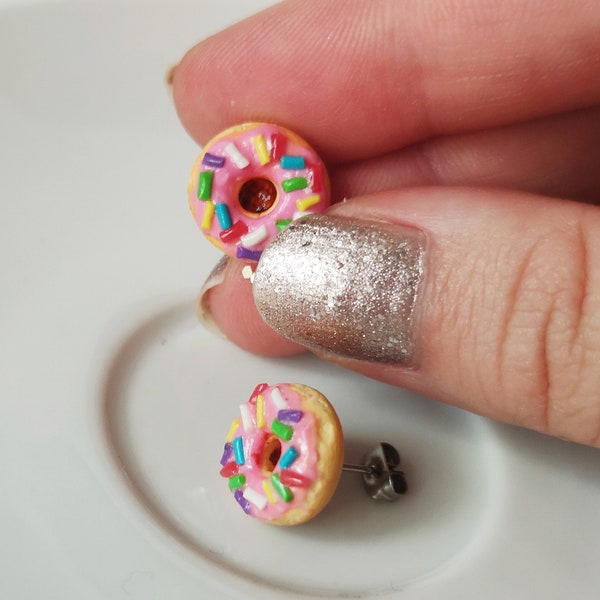 Pink Donut Stud Earrings/ Donut With Rainbow Sprinkles/ Cute Food Earrings/ Donut Jewelry/ Miniature Donut/ Donut Lover/ Donut gifts