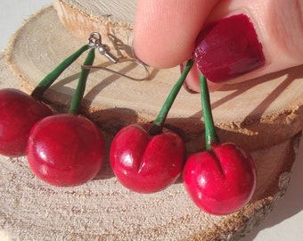 Cherry Dangle Earrings/Red Cherry Earrings/Cherry Jewelry/Fruit Earrings/Cherries Earrings/Summer Earrings/Cute Earrings/Quirky Gift for Her