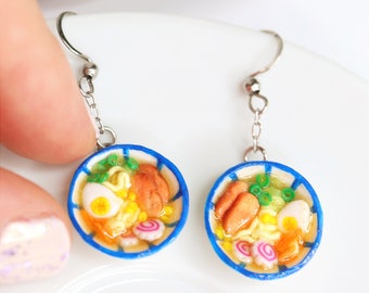 Miniature Ramen Bowl Earrings: Handmade Polymer Clay Noodle Jewelry