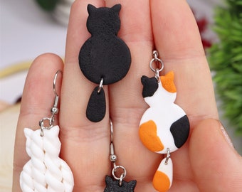 Cat Earrings - Polymer Clay Kitty Dangle Earrings - Whimsical Animal Jewelry
