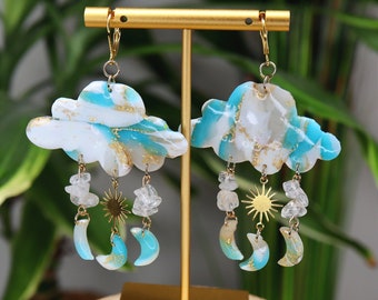 Celestial Cloud Drop Earrings: Handmade Marble Sun & Moon Statement Jewelry
