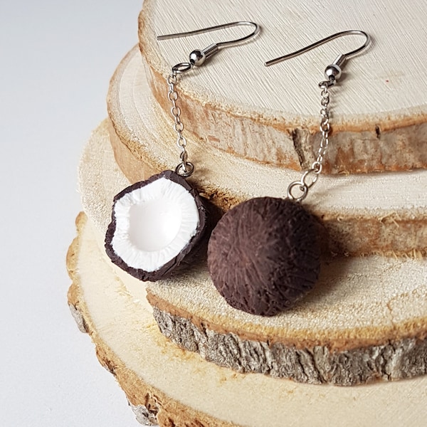 Coconut Dangle Earrings: Handmade Coconut Halves Jewelry