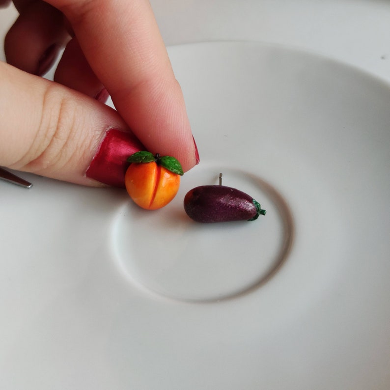 Peach and Eggplant Stud Earrings/ Emoji Earrings/ Funny Etsy