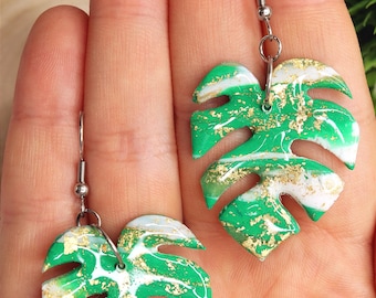 Variegated Monstera Leaf Dangle Earrings: Handmade Clay Monstera Jewelry