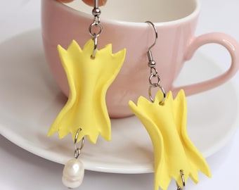 Bowtie Pasta Earrings: Handmade Polymer Clay Farfalle with Pearl