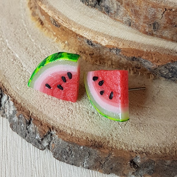 Clous d'oreilles pastèque/ Tranches de pastèque/ Bijoux pastèque/ Boucles d'oreilles fruit/ Boucles d'oreilles nourriture/ Boucles d'oreilles rouges/Boucles d'oreilles d'été/ Cadeau pour fille