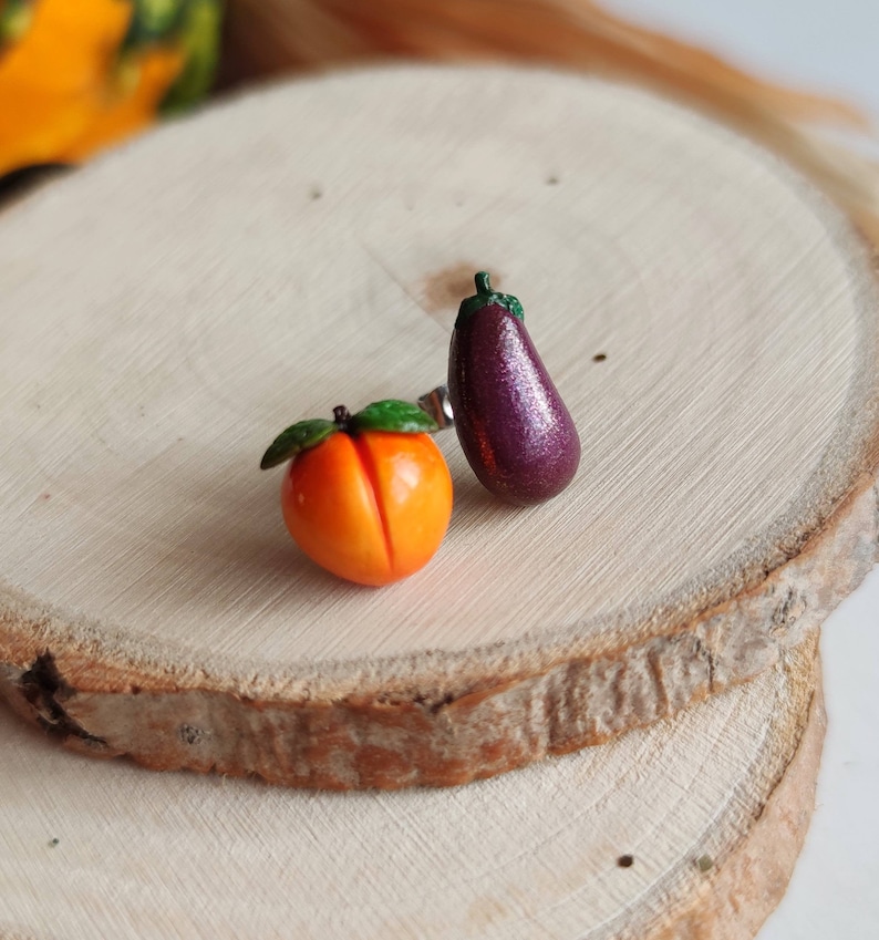 Peach and Eggplant Stud Earrings/ Emoji Earrings/ Funny Etsy