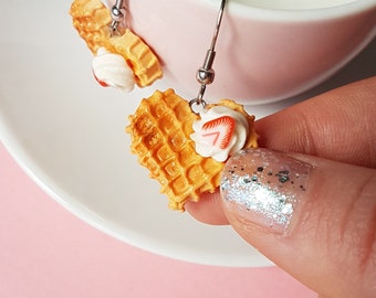 Heart Waffle Earrings With Whipped Cream And Strawberry/ Food Earrings/ Waffle Jewelry/ Kawaii Earrings/ Dessert Earrings/ Gift For Girls