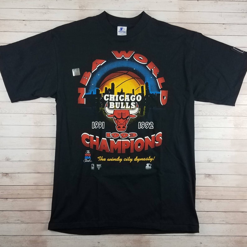 Brand New Vintage 1990s Chicago Bulls 3 Time Champions NBA Basketball Starter Black Single Stitch Tee Shirt Size Large / Medium