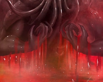 May include: A digital painting of a monstrous, tentacled creature with glowing eyes, standing over a red, watery abyss. The creature appears to be dripping blood, and the water below is filled with small, dark shapes.